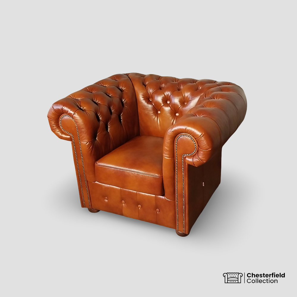 Canapé Chesterfield 1 place Camel, vue de profil côté droit.