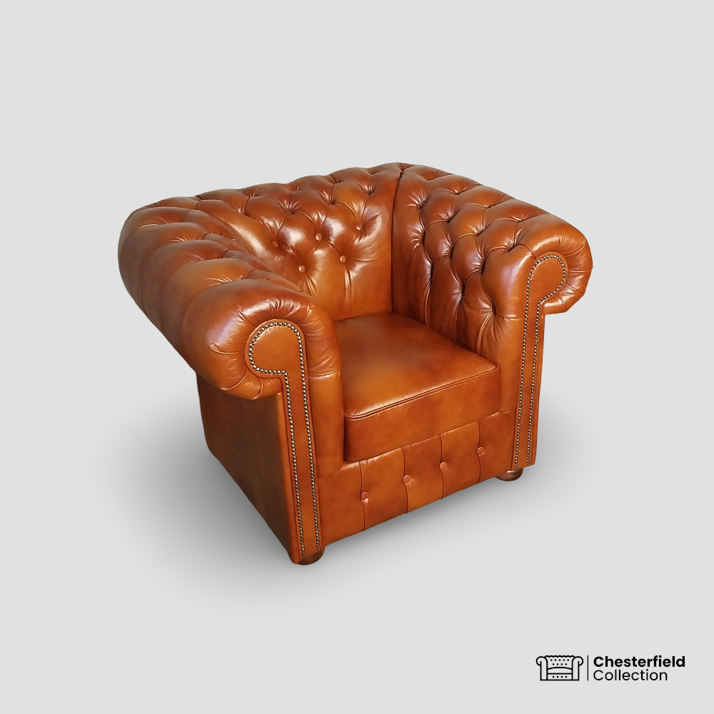Canapé Chesterfield 1 place Camel, vue de profil côté gauche.