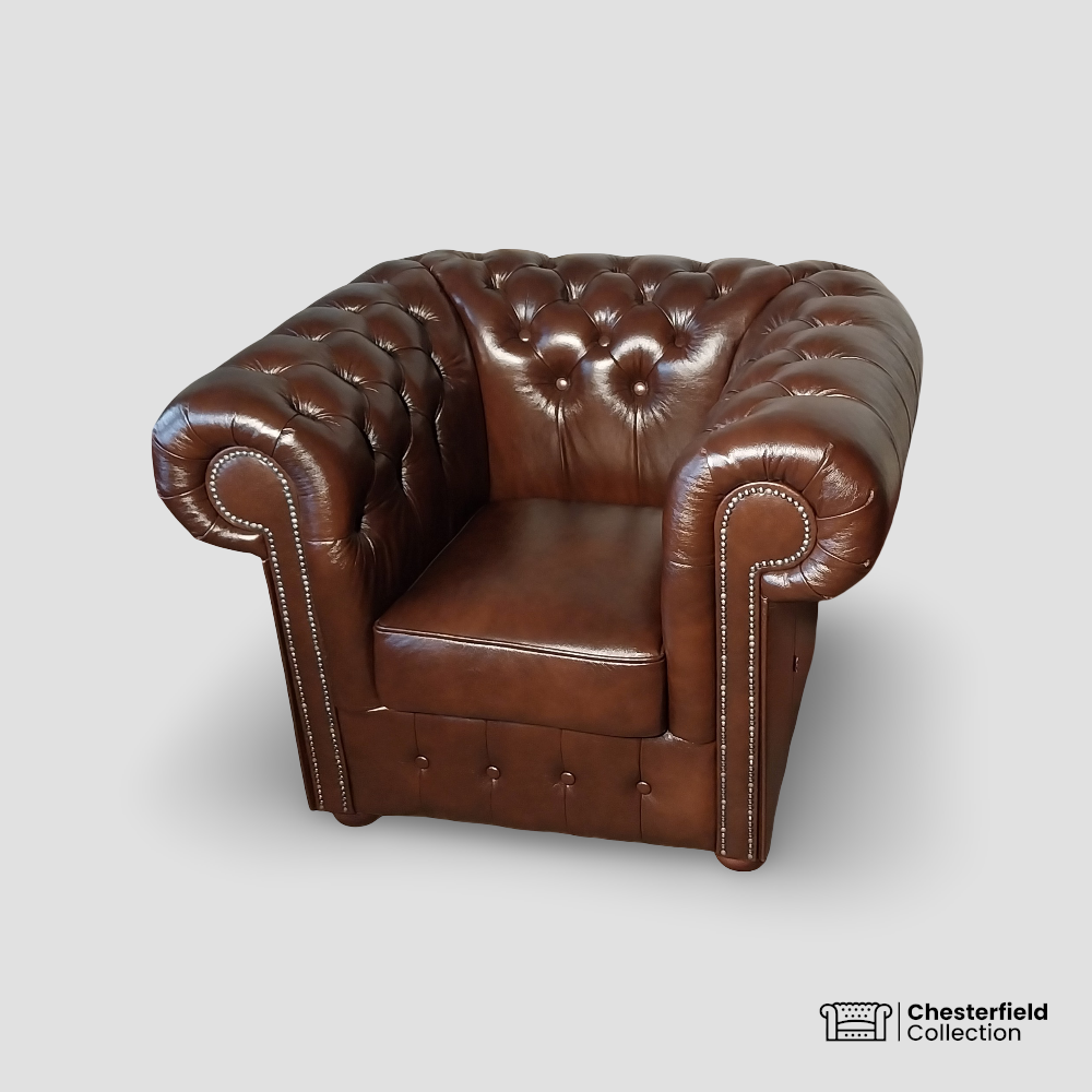 Canapé Chesterfield 1 place Chocolat, vue de profil côté droit.