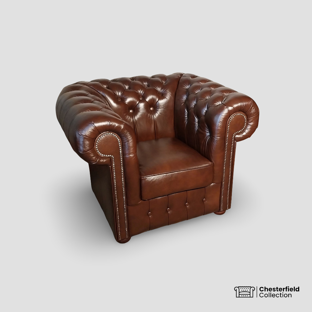 Canapé Chesterfield 1 place Chocolat, vue de profil côté gauche.