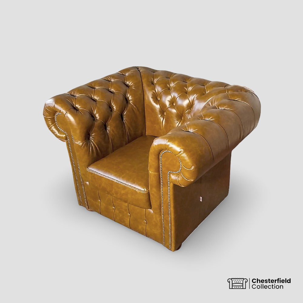 Canapé Chesterfield 1 place Fauve, vue de profil côté droit.