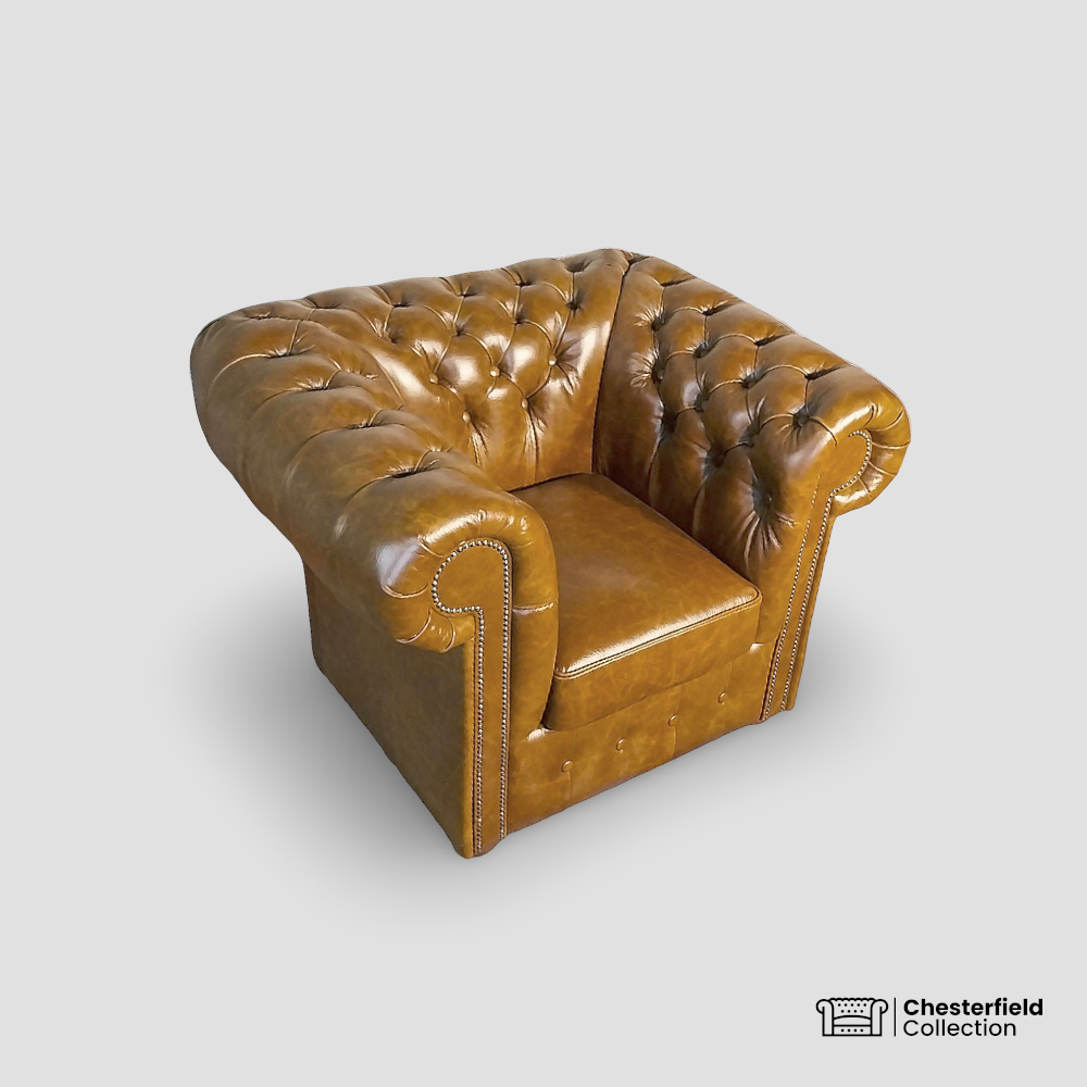 Canapé Chesterfield 1 place Fauve, vue de profil côté gauche.