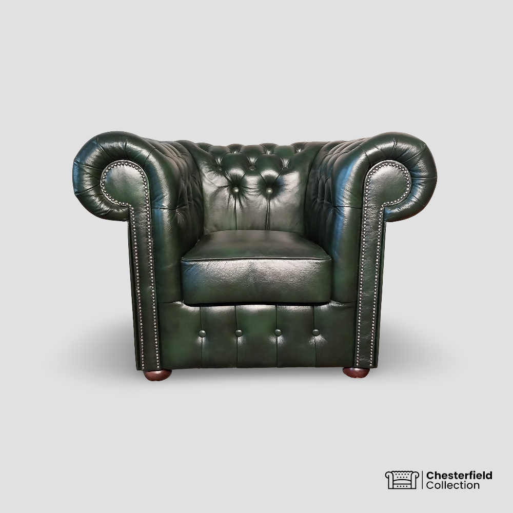 Canapé Chesterfield 1 place Vert Anglais, vue de face.