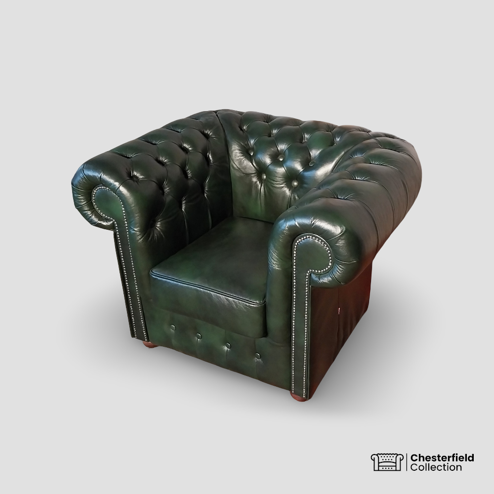 Canapé Chesterfield 1 place Vert Anglais, vue de profil côté droit.