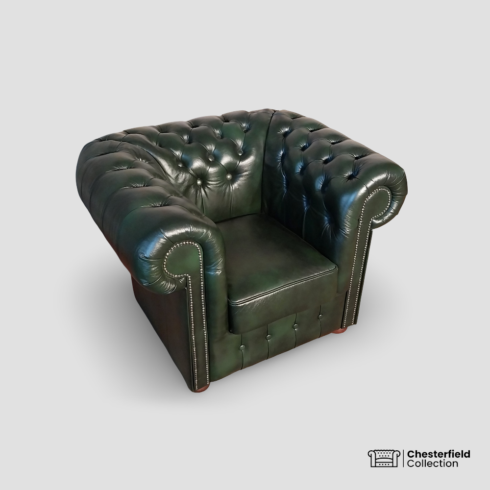 Canapé Chesterfield 1 place Vert Anglais, vue de profil côté gauche.