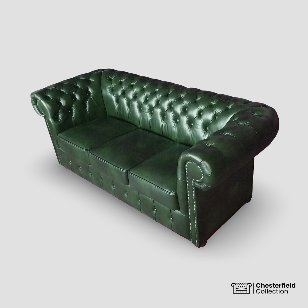 Canapé Chesterfield 3 places Vert Anglais, vue de profil côté droit.