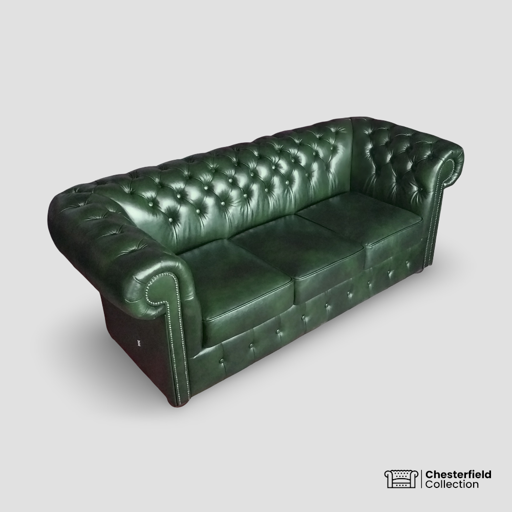 Canapé Chesterfield 3 places Vert Anglais, vue de profil côté gauche.