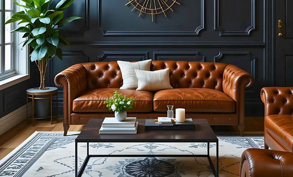Canapé Chesterfield en cuir dans un salon moderne et élégant, parfait équilibre entre tradition et design contemporain.